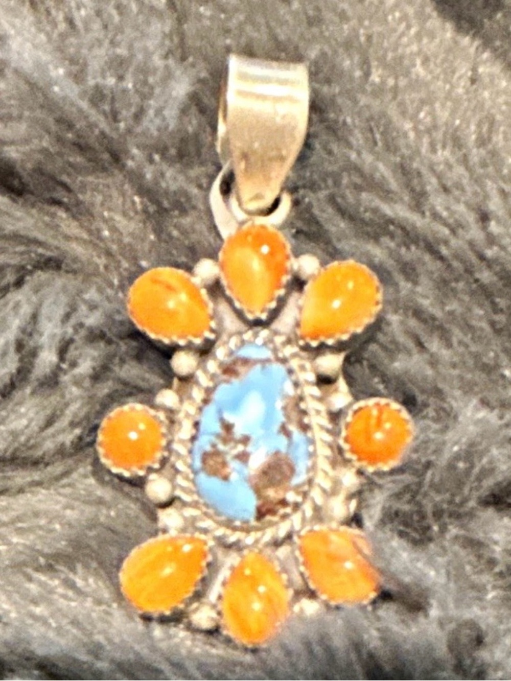 Sterling Silver Turquoise and Orange spiny oyster Teardrop cluster  Pendant